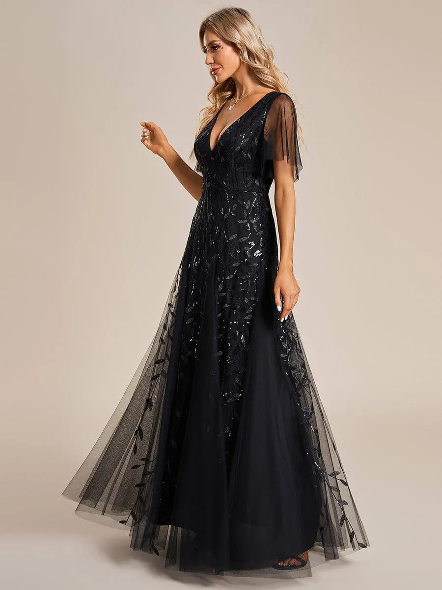 Sally sequin and tulle ball or evening dress with flutter sleeve