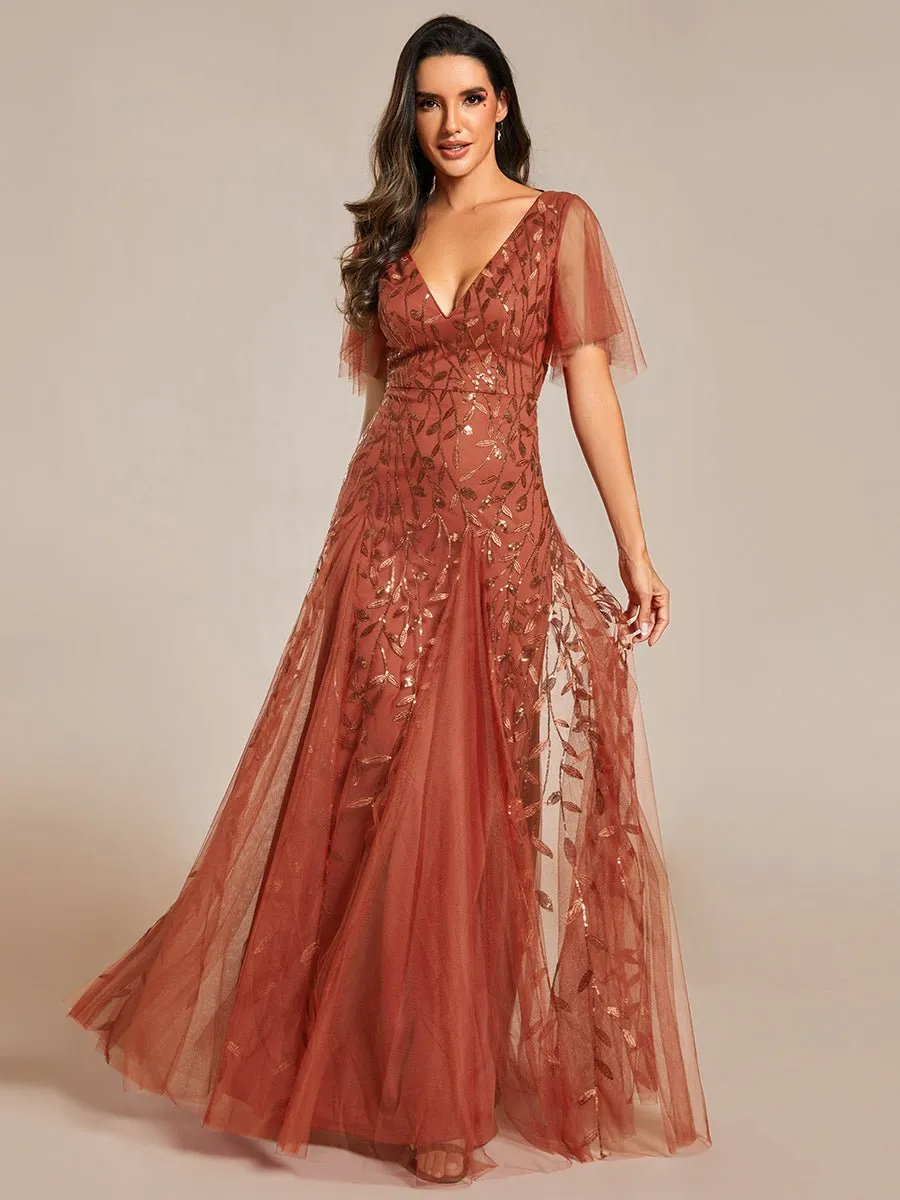 Sally sequin and tulle ball or evening dress with flutter sleeve