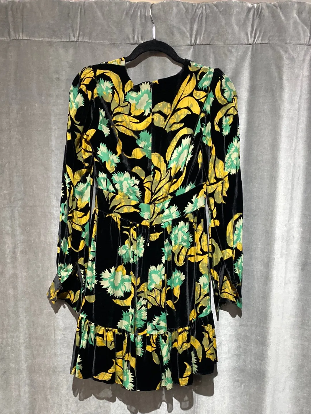 Saloni Black Long Sleeve Velvet 'DEVORE' Dress with V Neck