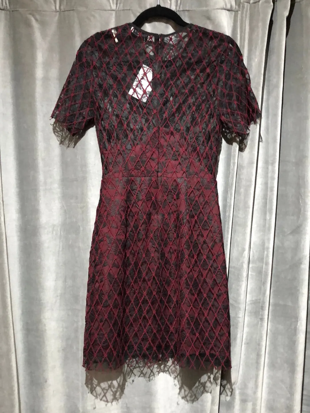 Sandro Black and Maroon Lace Sheer Short Sleeve Straight Dress