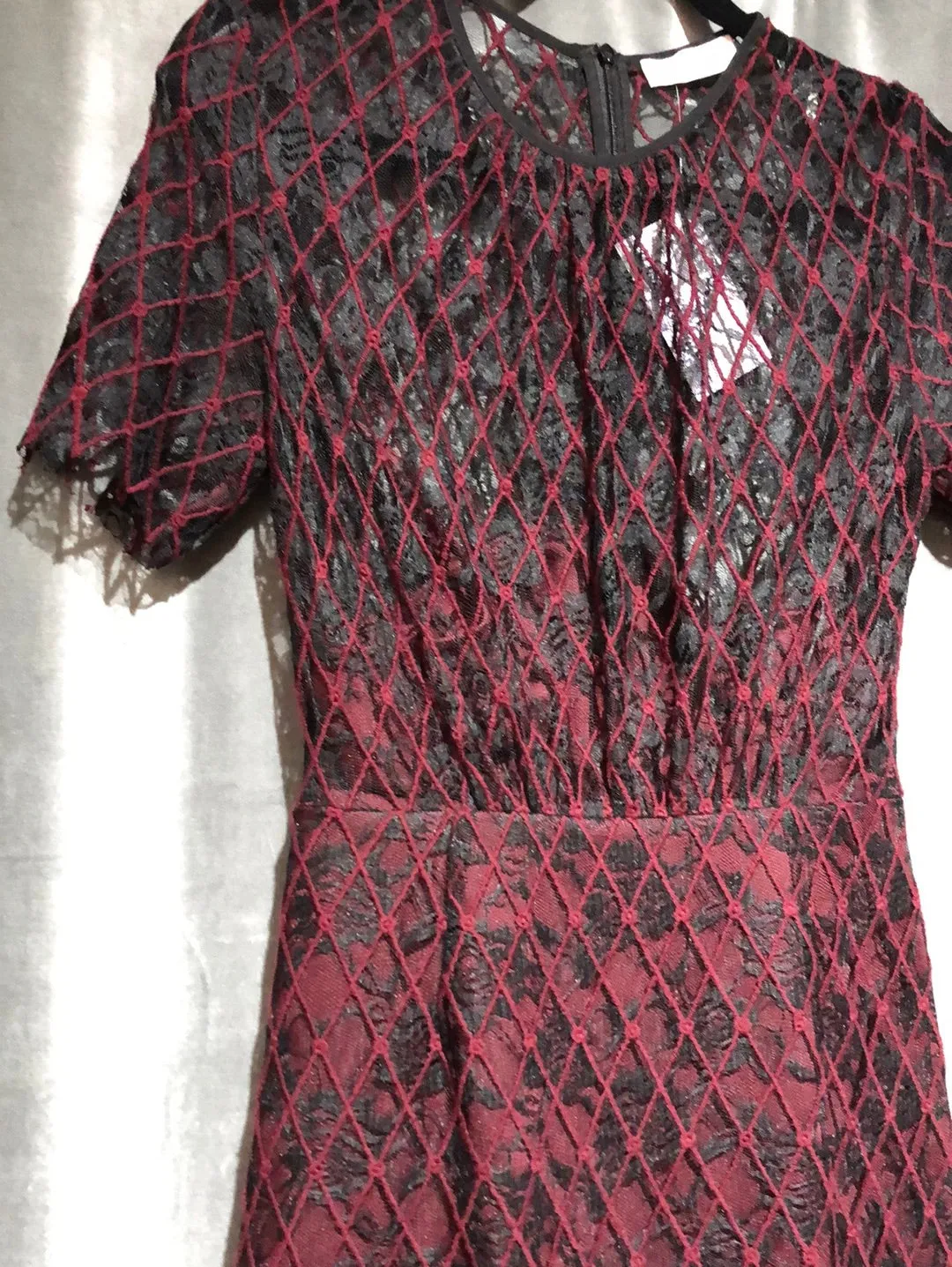 Sandro Black and Maroon Lace Sheer Short Sleeve Straight Dress