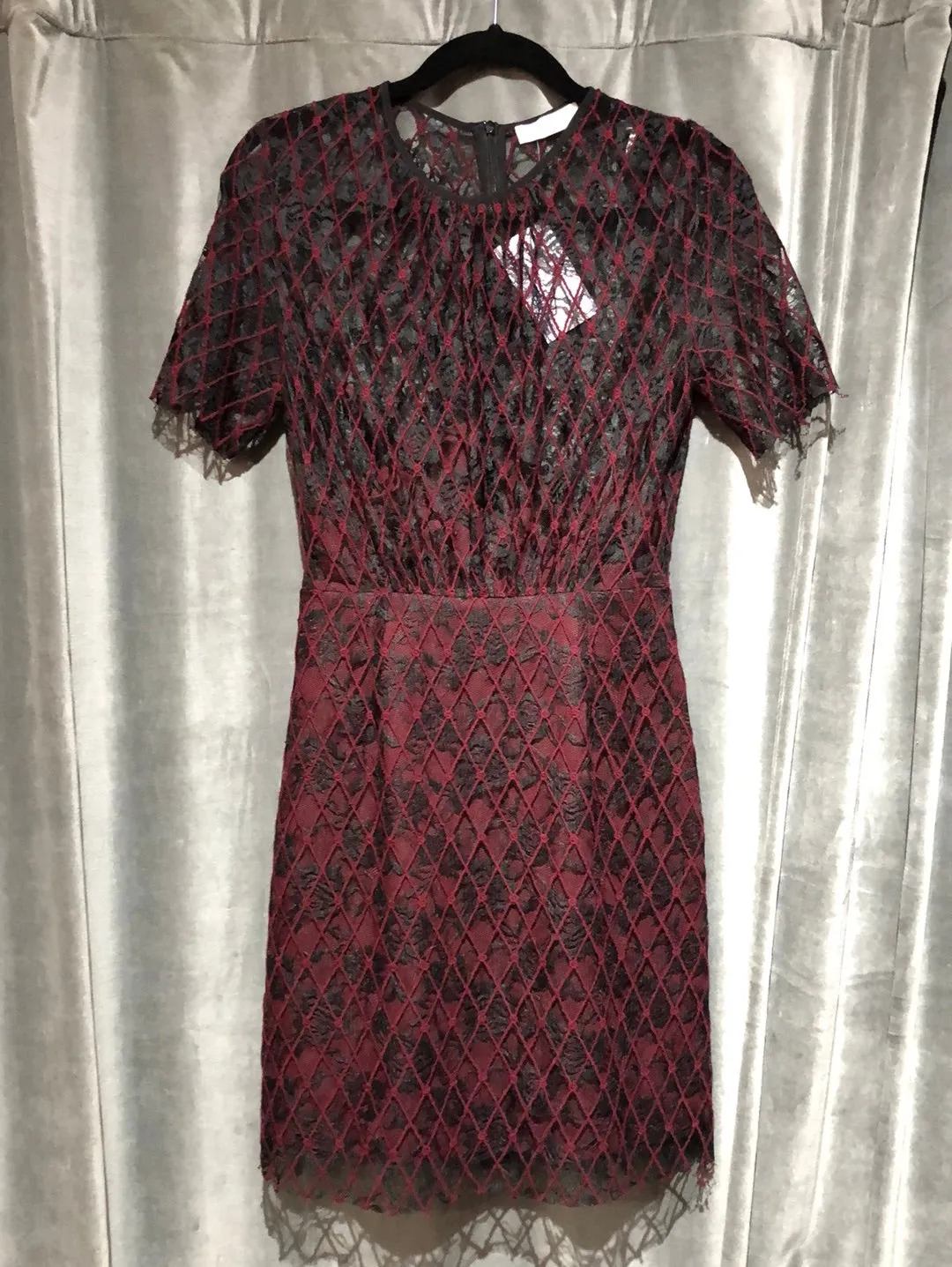 Sandro Black and Maroon Lace Sheer Short Sleeve Straight Dress