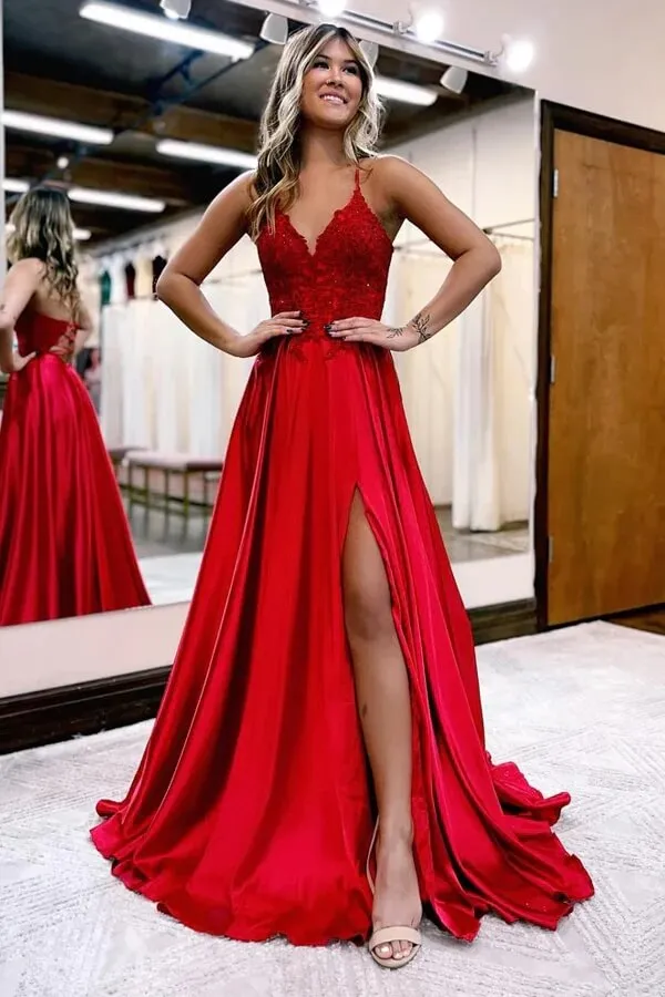 Satin A-line V-neck Spaghetti Straps Prom Dresses With Slit, Party Dress, MP918