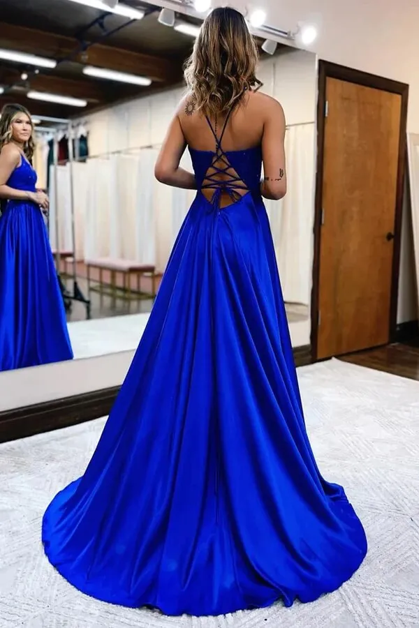 Satin A-line V-neck Spaghetti Straps Prom Dresses With Slit, Party Dress, MP918