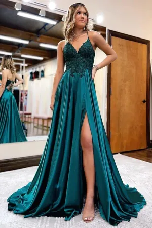 Satin A-line V-neck Spaghetti Straps Prom Dresses With Slit, Party Dress, MP918