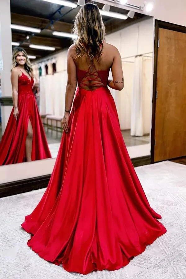 Satin A-line V-neck Spaghetti Straps Prom Dresses With Slit, Party Dress, MP918
