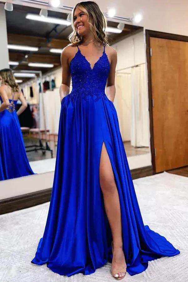 Satin A-line V-neck Spaghetti Straps Prom Dresses With Slit, Party Dress, MP918