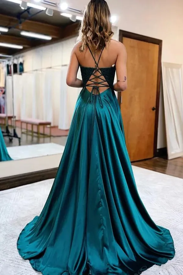 Satin A-line V-neck Spaghetti Straps Prom Dresses With Slit, Party Dress, MP918