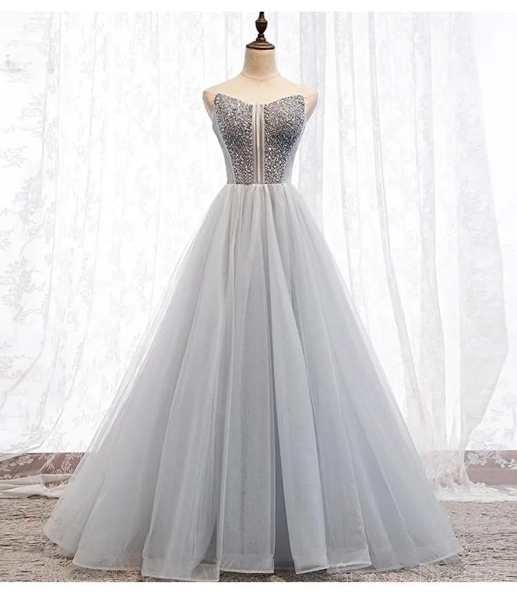 Scoop Grey Tulle A-line Cheap Long Evening Prom Dresses, Sweet 16 Prom Dresses, 12360