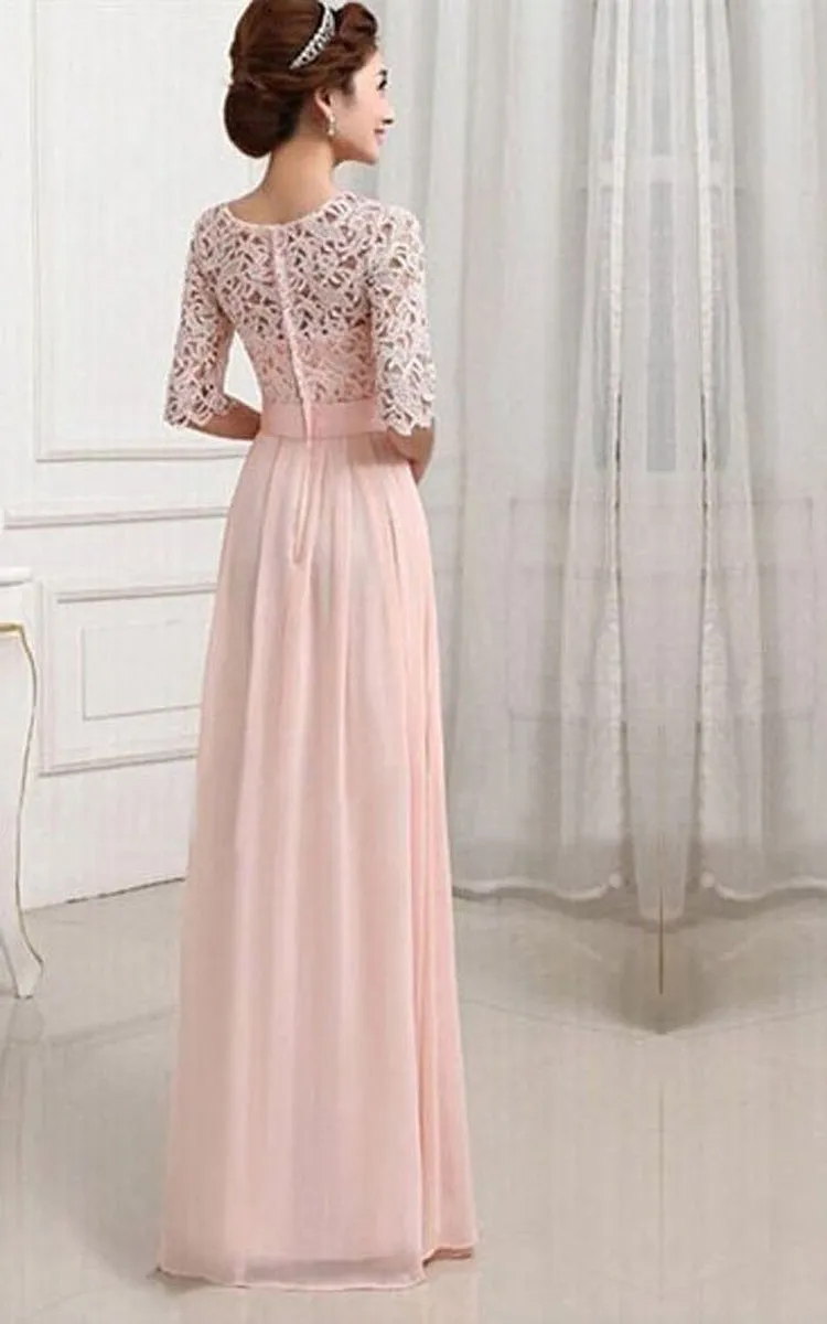 Scoop Long Wedding Gown With Lace Bodice and Belt-309598