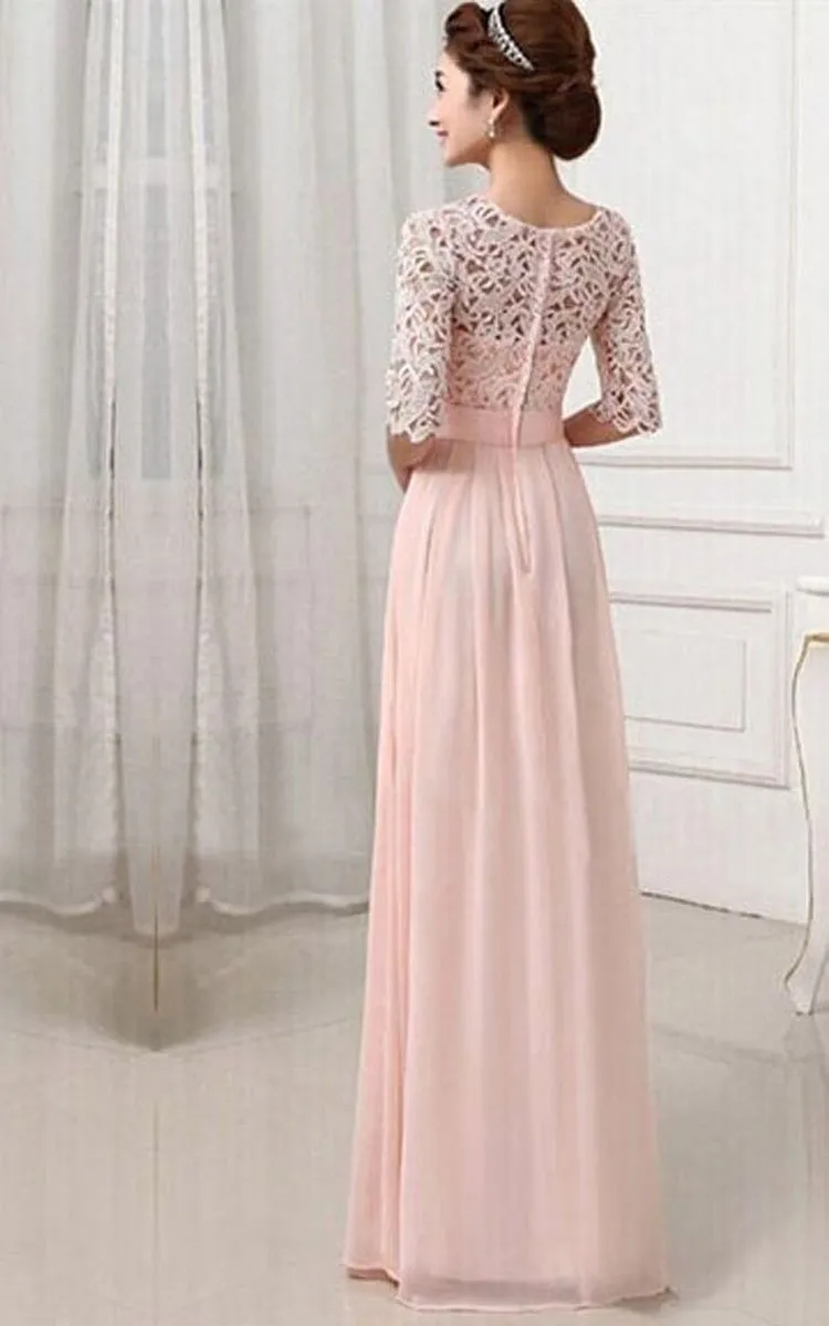 Scoop Long Wedding Gown With Lace Bodice and Belt-309598