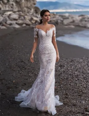 Seductive White/Ivory Mermaid Wedding Dress Long Sleeve Lace Appliques Custom Made