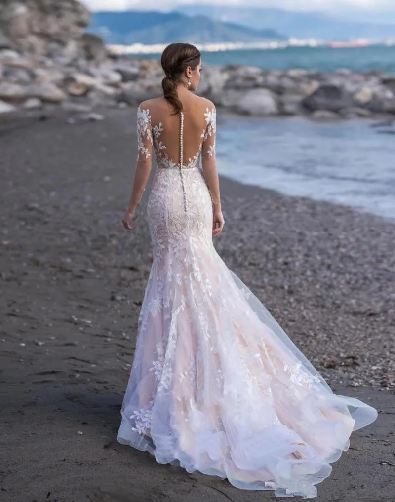 Seductive White/Ivory Mermaid Wedding Dress Long Sleeve Lace Appliques Custom Made
