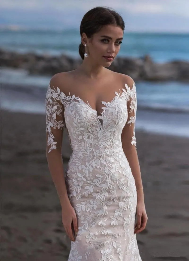 Seductive White/Ivory Mermaid Wedding Dress Long Sleeve Lace Appliques Custom Made