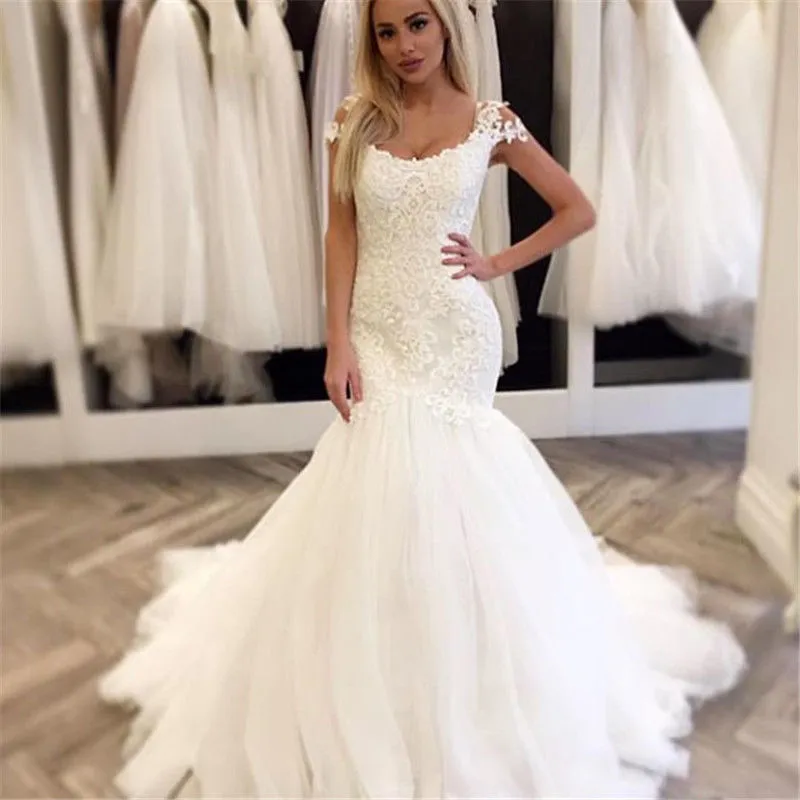Sexy 2019 Lace Mermaid Wedding Dresses Square Neckline Elegant Wedding Gown with Cap Sleeves