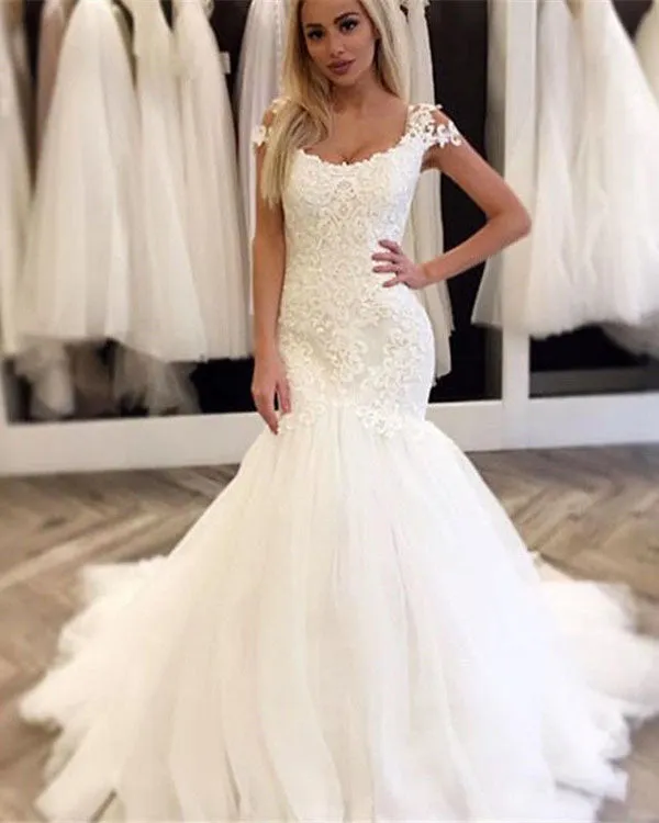 Sexy 2019 Lace Mermaid Wedding Dresses Square Neckline Elegant Wedding Gown with Cap Sleeves