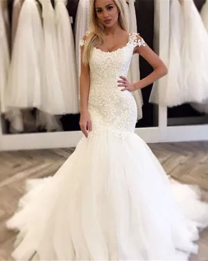 Sexy 2019 Lace Mermaid Wedding Dresses Square Neckline Elegant Wedding Gown with Cap Sleeves