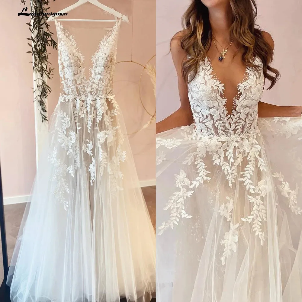 Sexy A-Line Backless Wedding Dress 2023 Vintage Lace Applique Beaded Off White Tulle Wedding Gowns Trouwjurk Long Bridal Dress