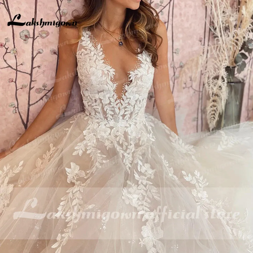 Sexy A-Line Backless Wedding Dress 2023 Vintage Lace Applique Beaded Off White Tulle Wedding Gowns Trouwjurk Long Bridal Dress