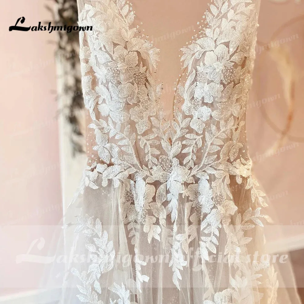Sexy A-Line Backless Wedding Dress 2023 Vintage Lace Applique Beaded Off White Tulle Wedding Gowns Trouwjurk Long Bridal Dress