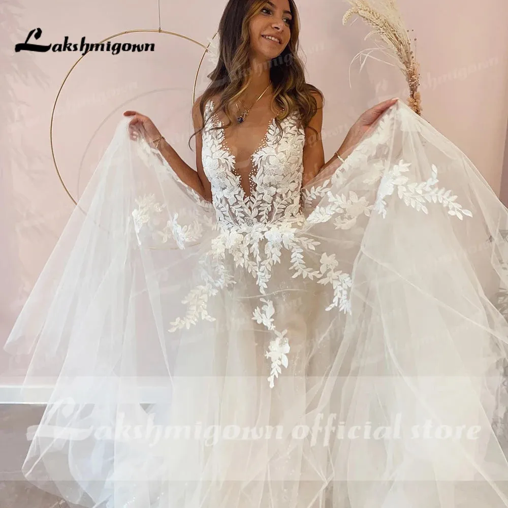 Sexy A-Line Backless Wedding Dress 2023 Vintage Lace Applique Beaded Off White Tulle Wedding Gowns Trouwjurk Long Bridal Dress