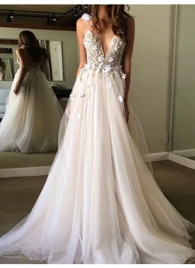 Sexy Beach Tulle Wedding Dresses Beaded A Line Spaghetti Straps Backless Bohemian Wedding Gown