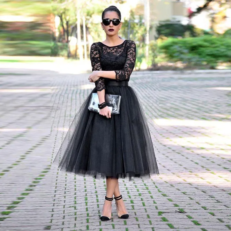 Sexy Black Lace 3 4 Sleeve Prom Dresses 2016 Tulle Tea-Length-318851