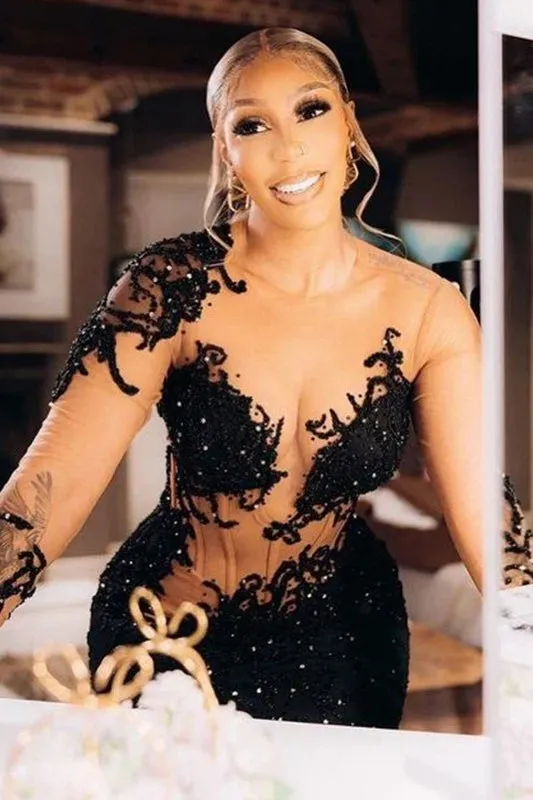 Sexy Black Long Sleeves Appliques Sequins Side Slit Prom Dress