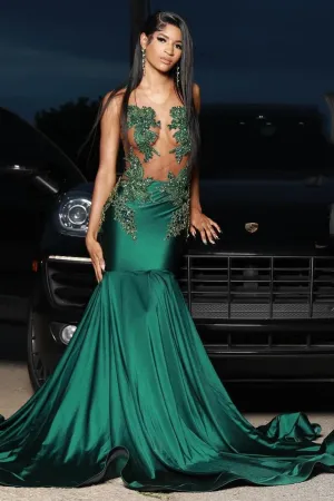 Sexy Dark Green Appliques Mermaid Sleeveless Prom Dress with Beads