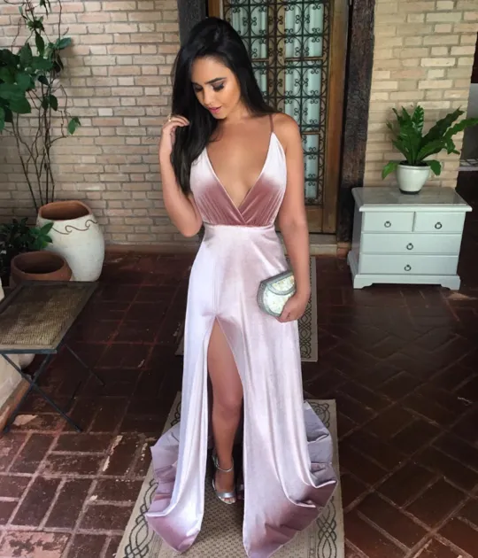 Sexy Deep V-neck Spaghetti Strap Long Cheap Simple Prom Dresses with Slit, QB0472