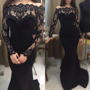 Sexy Gorgeous Off Shoulder Long Sleeve Black Lace Mermaid Long Prom Dresses, BG0227