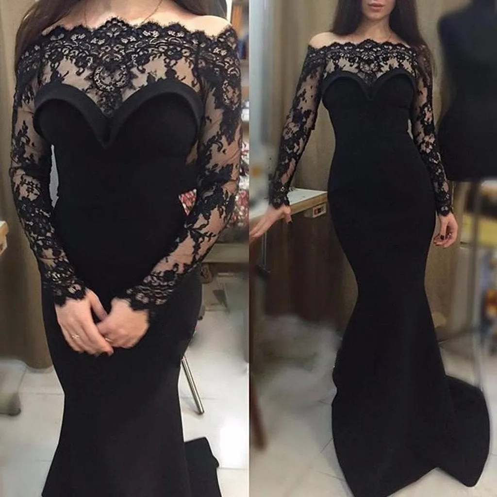 Sexy Gorgeous Off Shoulder Long Sleeve Black Lace Mermaid Long Prom Dresses, BG0227