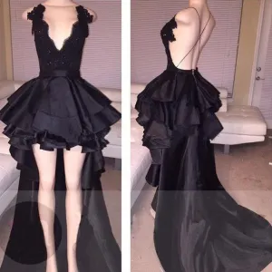 Sexy Layered Hi-Lo Lace Black Prom Dresses