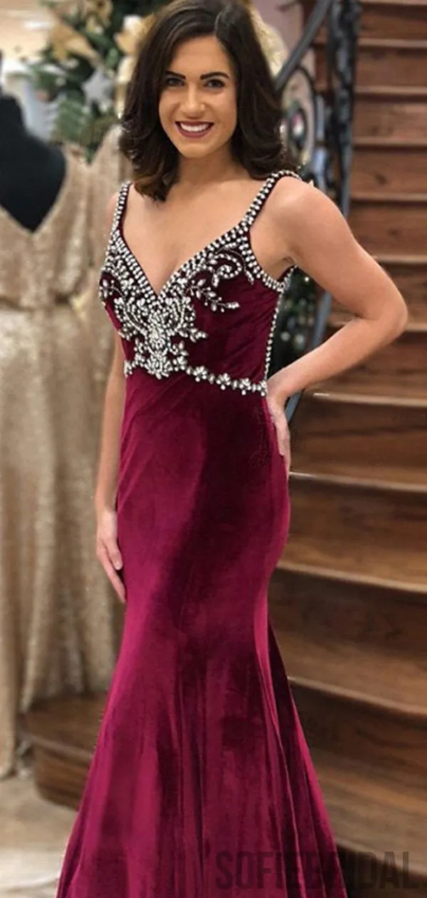 Sexy Mermaid Velvet Beaded Rhinestone Prom Dresses, PD0844