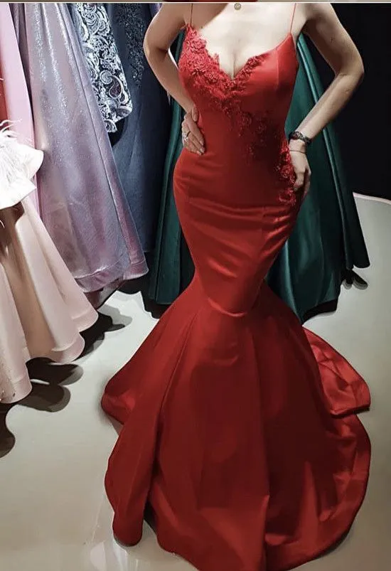 Sexy Red Mermaid Prom Dresses with Spaghetti Straps Lace Party Gowns 2019