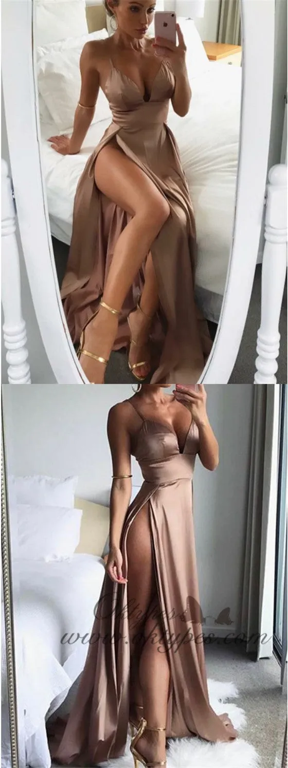 Sexy Spaghetti Straps Brown Soft Satin Prom Evening Dresses with Split, TYP1495
