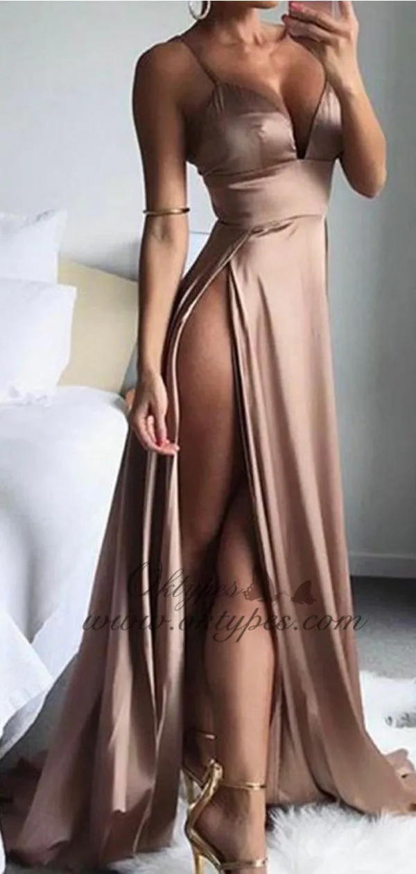 Sexy Spaghetti Straps Brown Soft Satin Prom Evening Dresses with Split, TYP1495