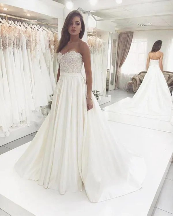 Sexy Strapless A-line Wedding Dresses 2019 Sweetheart Appliques Satin Bridal Wedding Gowns