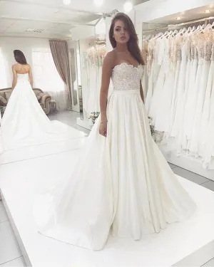 Sexy Strapless A-line Wedding Dresses 2019 Sweetheart Appliques Satin Bridal Wedding Gowns