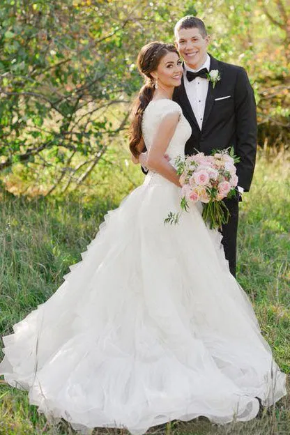 Sexy V-neck A-line Lace Organza Wedding Dress with Cap Sleeves-715379