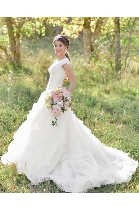 Sexy V-neck A-line Lace Organza Wedding Dress with Cap Sleeves-715379
