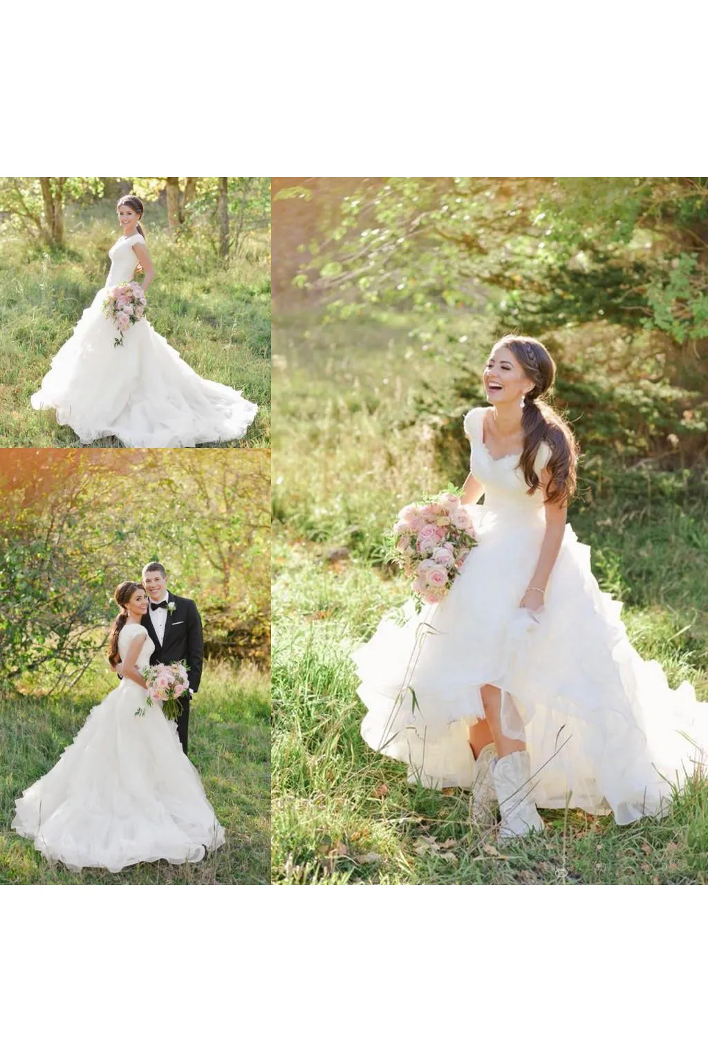 Sexy V-neck A-line Lace Organza Wedding Dress with Cap Sleeves-715379