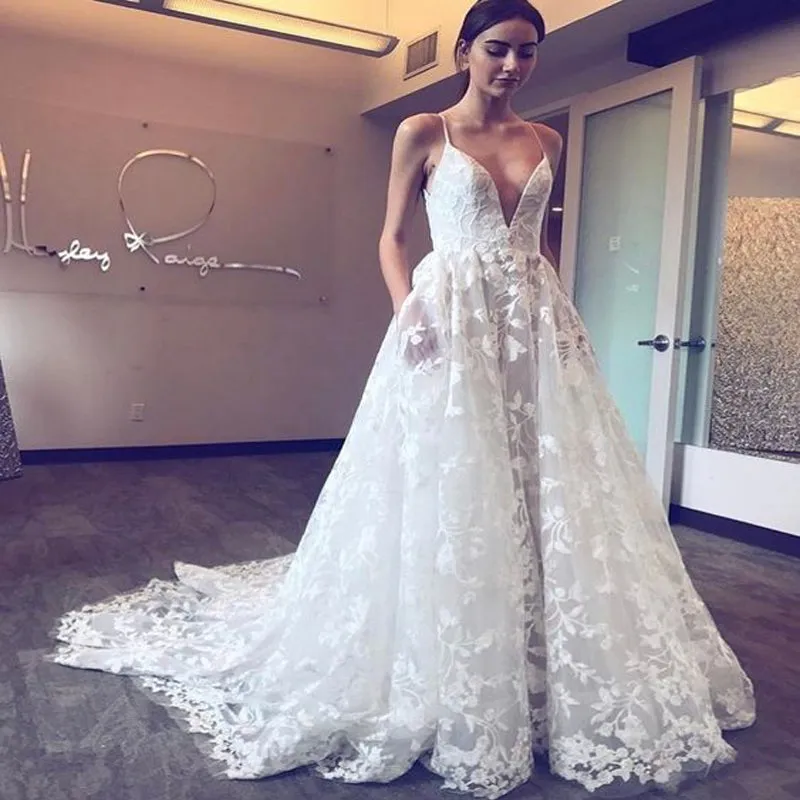 Sexy V-neck Spaghetti Straps Long Cheap Lace Wedding Dresses with Pockets, TYP1019