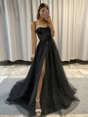 Shiny Black Lace Prom Dresses 2024 Tulle Long Formal Dress Spaghetti Straps