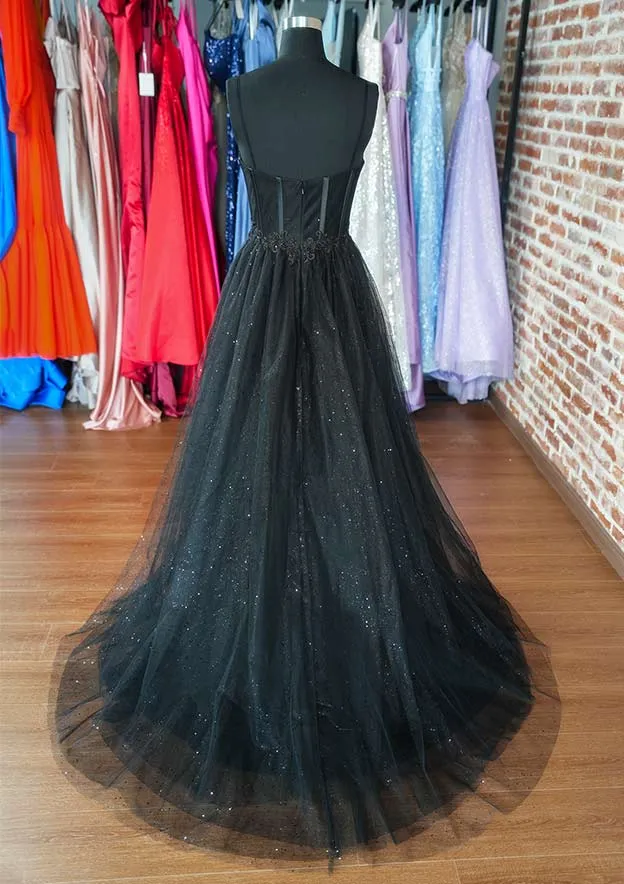 Shiny Black Lace Prom Dresses 2024 Tulle Long Formal Dress Spaghetti Straps