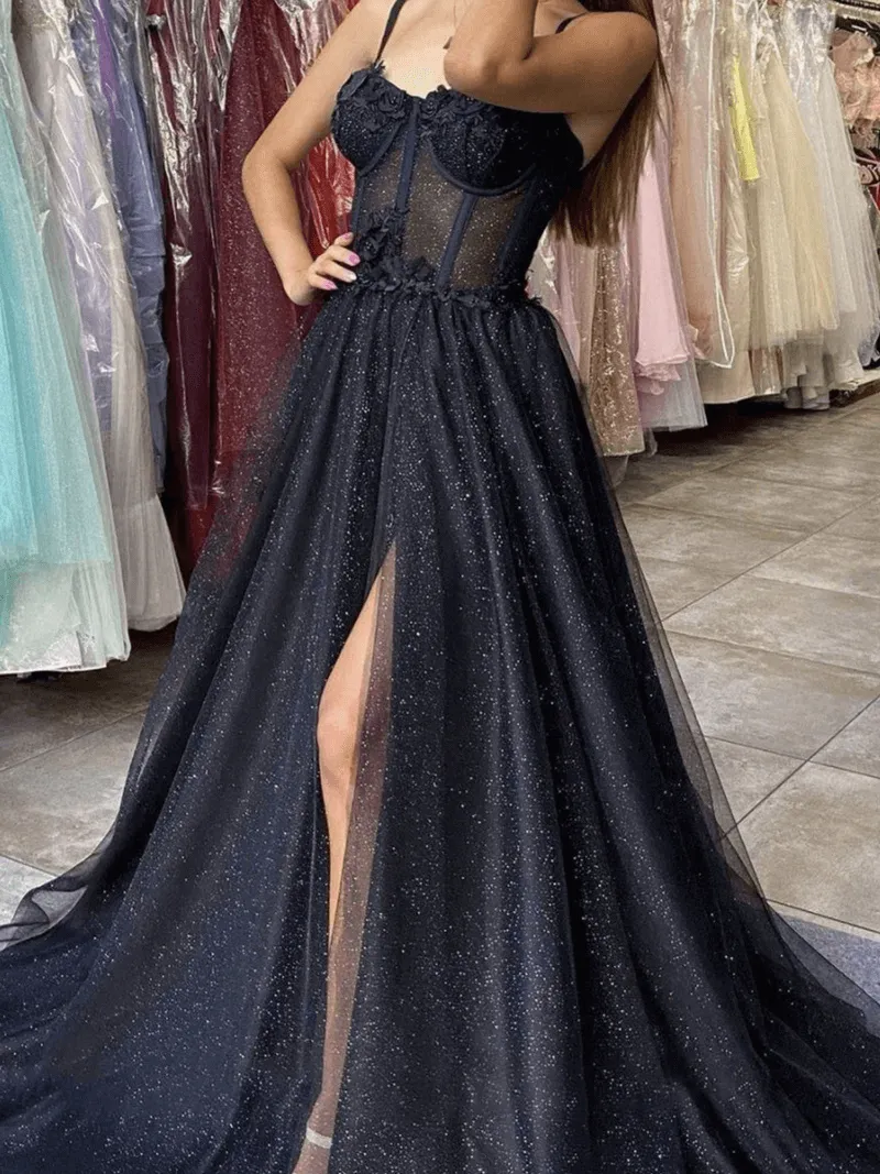 Shiny Black Lace Prom Dresses 2024 Tulle Long Formal Dress Spaghetti Straps