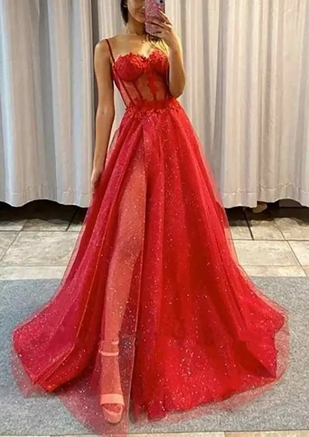 Shiny Black Lace Prom Dresses 2024 Tulle Long Formal Dress Spaghetti Straps