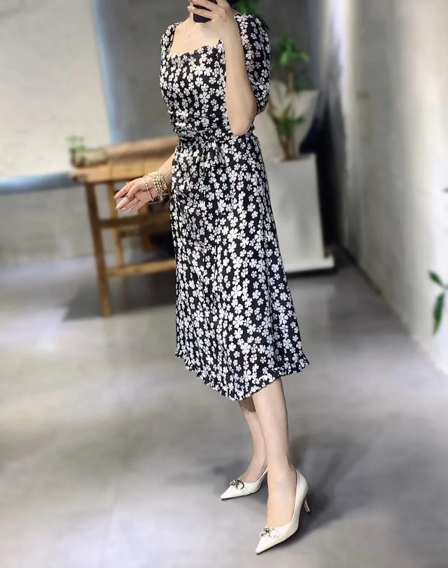 Short Sleeve Square Neck Waist Belted Dress