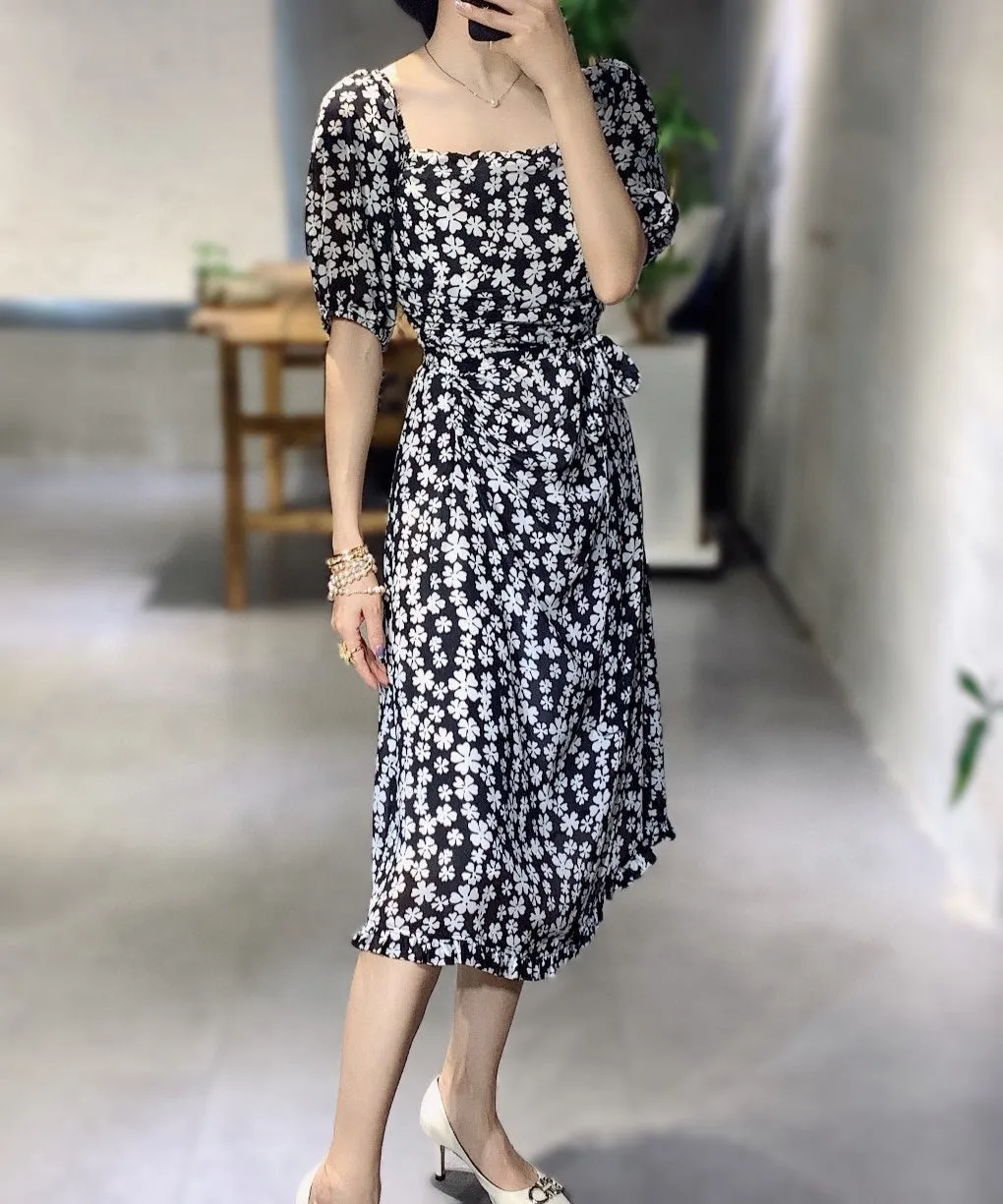 Short Sleeve Square Neck Waist Belted Dress