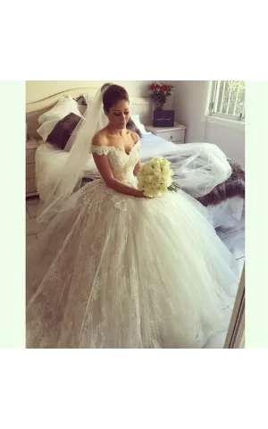 Short Sleeve V-neck Pleated Long Tulle Ball Gown With Lace Layer-BU_708772